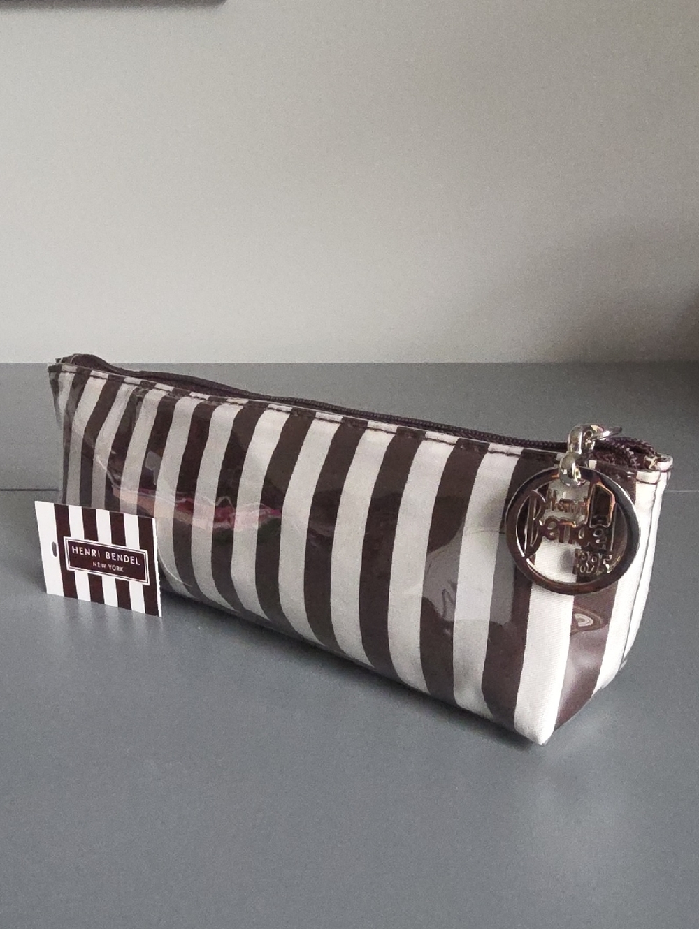 HENRI BENDEL NWT Brown and White Striped Cosmetic Pouch/Travel Bag